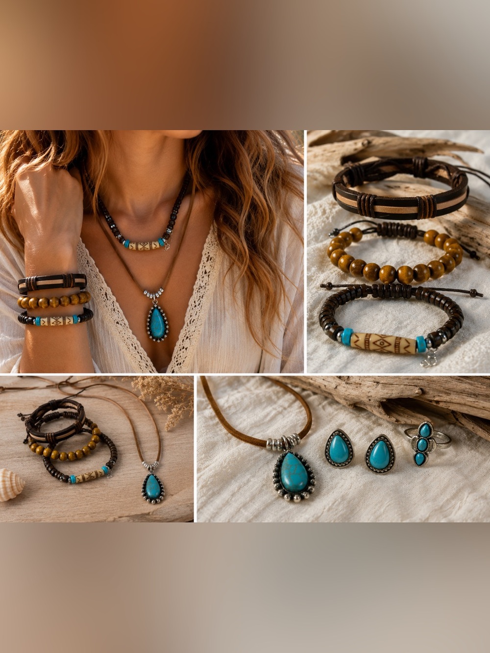 Boho Turquoise Teardrop Necklace Set - Women Jewelry